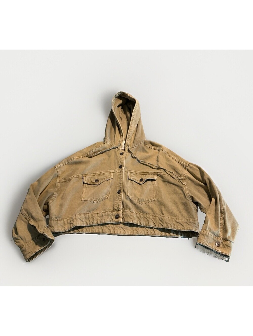Zara Relaxed Fit Cropped Jacket Hooded Washed Denim Size Small Olive Green